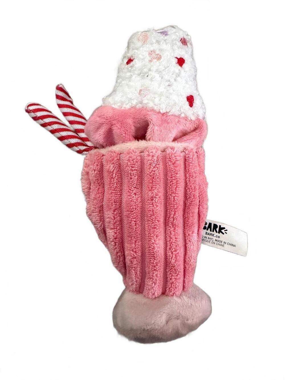 BARK Pink Plush Dog Toy Shaped Like a Dessert with Candy Cane Accents (Small)